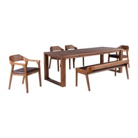 Boraam 6pc Rasmus Extendable Dining Table Set Chestnut Wire-Brush: Modern Style, Faux Leather Bench & Chairs