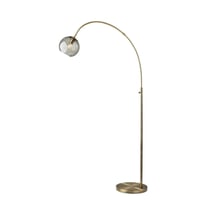 Adesso Camden Arc Lamp Antique Brass: Smoked Glass Globe, Mid-Century Modern Design, ETL Listed