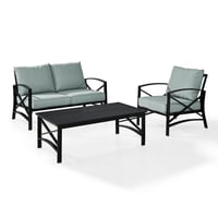 Crosley 3pc Kaplan Steel Outdoor Seating Furniture Set with Loveseat, Chair & Coffee Table Mist