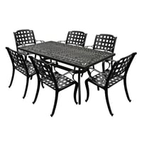 7pc Patio Dining Set with 68" Modern Ornate Outdoor Mesh Aluminum Rectangular Table & Checker Chairs - Black - Oakland Living