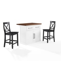 Crosley 42" Bartlett Wood Top Kitchen Island with X-Back Stools White/Black: Farmhouse Style, Adjustable Shelves