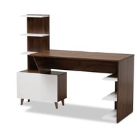 Tobias Two-Tone Wood Storage Computer Desk with Shelves Walnut - Baxton Studio: Mid-Century Design, Concealed Storage