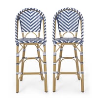 Kinner 2pk Outdoor Aluminum French Bar Stools - Navy/White/Bamboo - Christopher Knight Home: Rattan & Iron, UV & Water-Resistant
