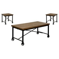 HOMES: Inside + Out Levi Occasional Table Set Medium Oak: 3-Piece, Industrial Style, Metal Frame, Casters