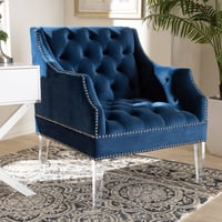 Baxton Studio Silvana Velvet Lounge Chair with Acrylic Legs Blue : Modern Upholstered Accent Armchair