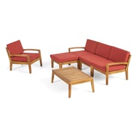 Grenada 6pc Acacia Wood Sofa Set - Teak/Red - Christopher Knight Home: Modular Sectional, Coffee Table