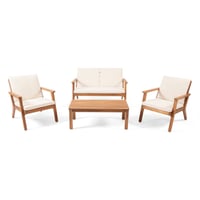 Temecula Outdoor Acacia Wood 4 Seater Chat Set with Cushions - Brown Patina/Cream - Christopher Knight Home