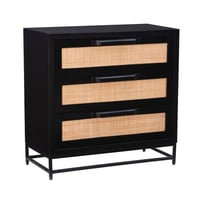 Powell Gordon Solid Wood and Natural Cane Black Metal Legs 3 Drawer Cabinet Black: Modern Farmhouse Style, Mango Surface