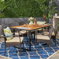 Heron 7pc Rectangular Acacia Wood &Wicker Dining Set - Teak/Brown - Christopher Knight Home: Weather-Resistant with Cushions