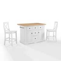 Julia Wood Top Island with 2 X-Back Stools White - Crosley: Spacious Storage, Towel Bar, Painted Finish