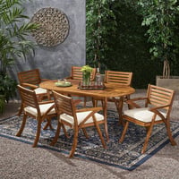 Hermosa 7pc Acacia Wood Oval Dining Set - Teak/Cream - Christopher Knight Home