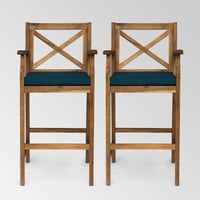 Perla 2pk Acacia Wood Bar Stools: Weather-Resistant Cushions, Patio Seating - Christopher Knight Home