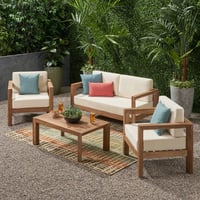 Genser 4pc Acacia Wood Chat Set: Outdoor Loveseat, Club Chairs, Coffee Table - Christopher Knight Home