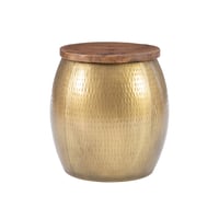Beaton Boho Drum Side Table with Storage Brass Solid Wood Top Natural - Powell: Handcrafted, Lift-Off Lid, No Assembly Required