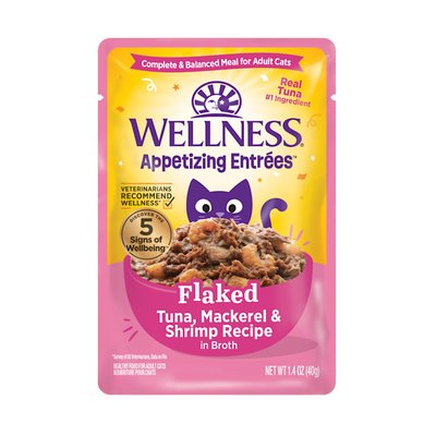 Wellness Appetizing Entrees Flaked Tuna, Mackerel, Shrimp Recipe in Broth Natural Wet Cat Food, 1.4 oz.
