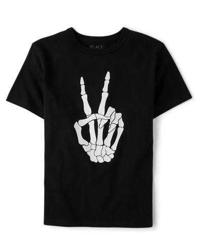 The Children's Place Kids Glow Skeleton Peace Sign Graphic T-Shirt | Size Small (5/6) | Black | Cotton/Polyester