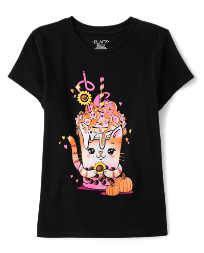 The Children's Place Girls Fall Cat Drink Graphic T-Shirt | Size Small (5/6) | Black | 100% Cotton