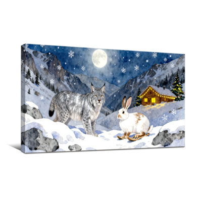 Canora Grey Christmas Snowy Mountain Night With Cat And Rabbit