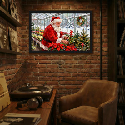 Canora Grey Christmas Santa Tending Poinsettias In Greenhouse