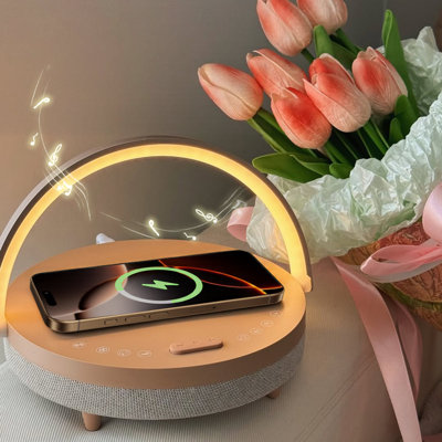 Wrought Studio™ 6-in-1 Bedside Lamp – Birthday Gift for Women with Wireless Charger, Bluetooth Speaker, White Noise Machine, Timer, Dimmable Touch Night Light & Phone