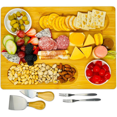 Ebern Designs Bamboo Cheese Board With Knife, Bowl, Fork Set, Wood Charcuterie Platter & Food Serving Tray For Wine Glasses