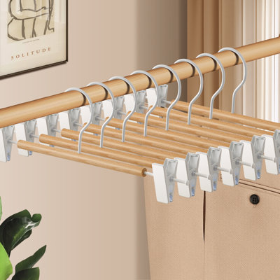 Rebrilliant 12Inch Wooden Pants Hangers with Clips 10 Pack Adjustable Wood Skirt Hangers for Women&Men Space Saving Closet Non Slip Clothes Hanger for Jeans,Trous