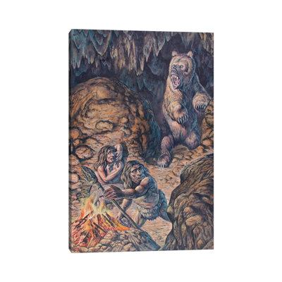 East Urban Home Neanderthal Humans Confronted by a Cave Bear by Mark Hallett - Wrapped Canvas Painting