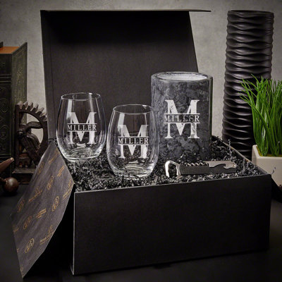 Home Wet Bar Personalized Marble Wine Chiller With Stemless Wine Glasses Gift Set - 5pc