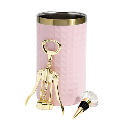 Prep & Savour 3-Piece Wine Bottle Chiller Set with Insulated Double Wall Chiller, Gold Winged Corkscrew, and Diamond Wine Stopper