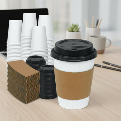 HANGZHOUFEIXIN 100-Pack Of 12 Oz Extra-Thick Disposable Paper Coffee Cups With Lids And Sleeves, Perfect For Takeout Hot Drinks At Coffee Shops And Cafes.