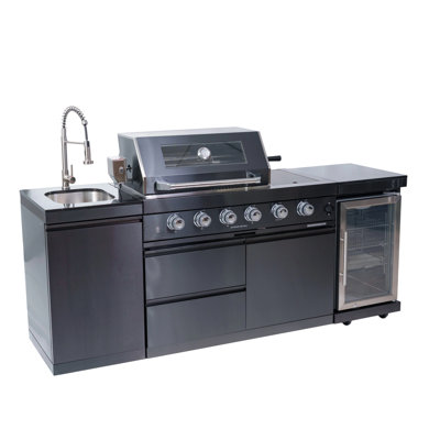 4-Burner 72000 BTU Deluxe Stainless Steel Gas Outdoor Kitchen Bar Barbecue Island Grill + Wine Cooler Compact Refrigerator + Rotisserie kit + Granite