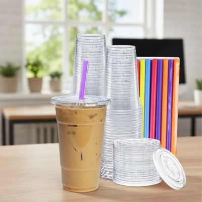 HANGZHOUFEIXIN 24 Oz Clear Disposable Drinking Cups, Pack Of 100, With Flat Lids And Straws, Suitable For Iced Coffee, Cold Drinks, And Milkshakes.