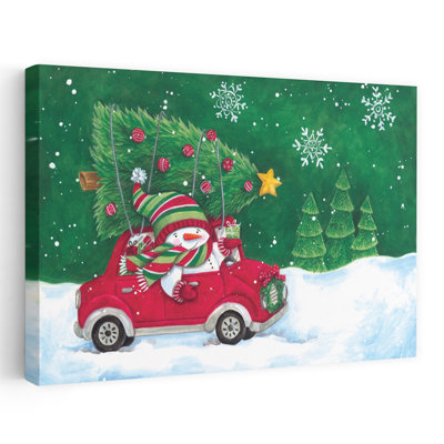 The Holiday Aisle® Bringing Home The Christmas Tree - Contemporary Snowman Driving Car Christmas Tree On Roof Red Car Art