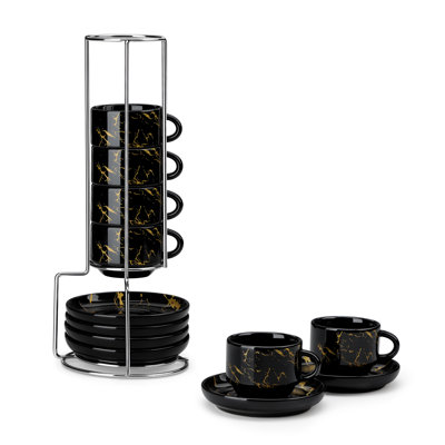 MALACASA Luxe Stackable 6-Piece Ceramic Mug Set, Gold Marble With Silver Rack | Latte Cups, Modern Dining & Gifts