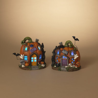 Ophelia & Co. 8.4 Inches Long Battery Operated Lighted Resin Halloween Pumpkin Houses With Timer Set Of 2
