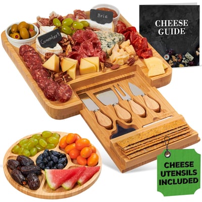 Charcuterie Boards, Bamboo Cheese Platter - Cheese Tray With Cheese Utensils, Fruit Tray, And 2 Bowls Included