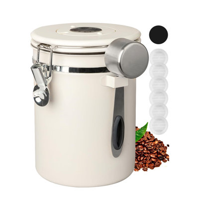 Latitude Run® Coffee Canister With Airtight Lid, 22Oz, 60 Fl Oz White, Stainless Steel Air Tight Lid Container With Date Tracker And Scoop Food Storage Jar For Grou