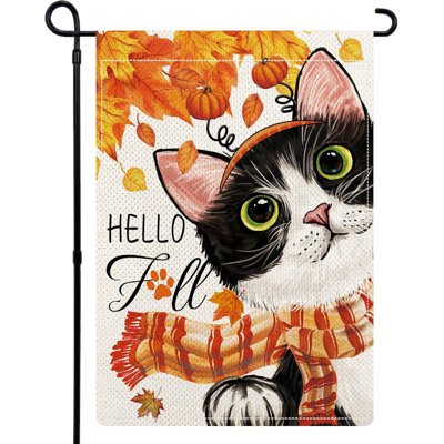 The Holiday Aisle® Hello Fall Black Cat Garden Flags For Outside, Thanksgiving Welcome Garden Flags 12X18 Double Sided, Cute Kitten Pumpkin Yard Flag Holiday Lawn Flags,