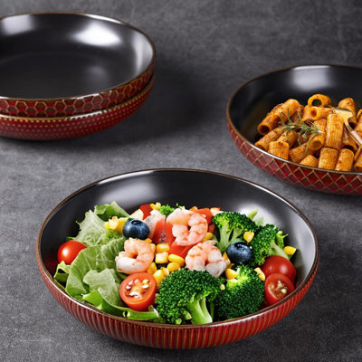 wuyi Large Stoneware Pasta Bowls Set Of 4, 42 Ounce Ceramic Serving Bowls With Textured Pattern, Microwave & Dishwasher Safe, Ideal For Salads, Pasta, Stew