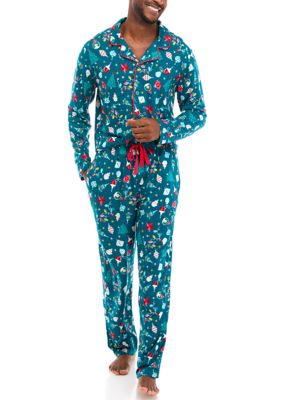 PAJAMARAMA Men's Holiday Lights Long Sleeve Notch Pajama Set, Teal, Small