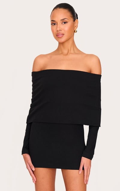 PrettyLittleThing Black Cotton Super Oversized Bardot Mini Dress