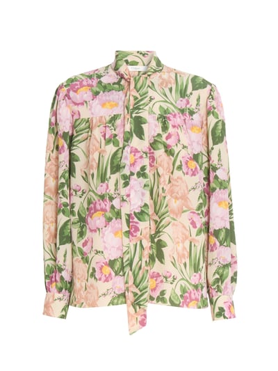 Chloé Women's Floral Silk Tieneck Shirt - Macadamia Brown - Size 8