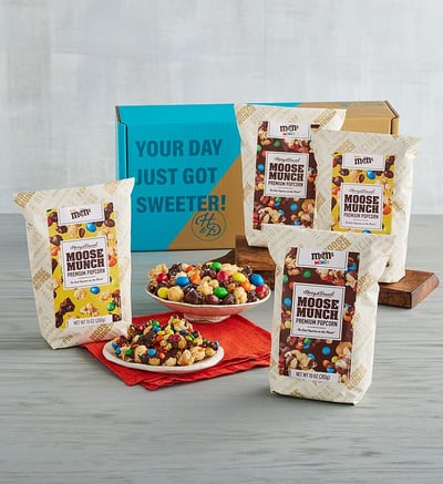 Moose Munch® Premium Popcorn Peanut And M&m's® Minis 4-Pack, Family Item Food Gourmet Snacks Popcorn by Harry & David - Explore this product in more detail!