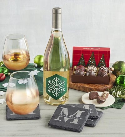 Holiday Wine Glasses With White Wine And Personalized Slate Coaster Set, Family Item Gifts Keepsakes Personalized Gifts Food Gourmet Wine Beer by Harry & David