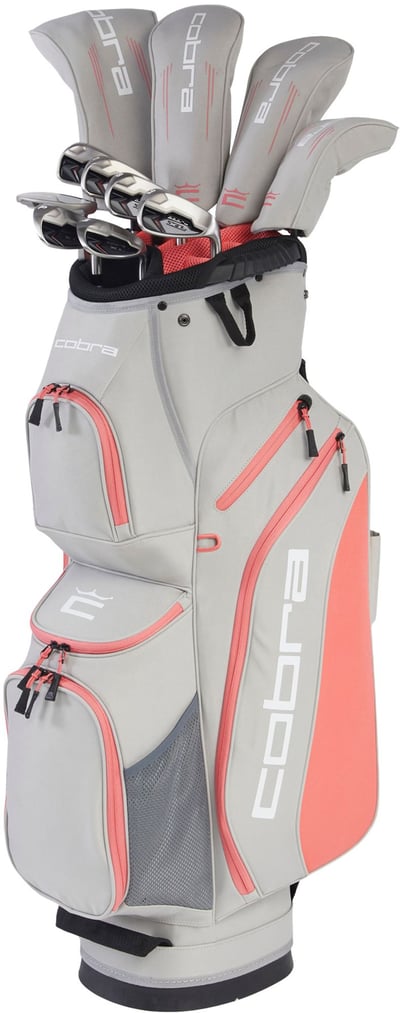 Cobra Women’s 2025 XL 16-Piece Cart Bag Complete Set, Right Hand, Grey/Lava Bloom