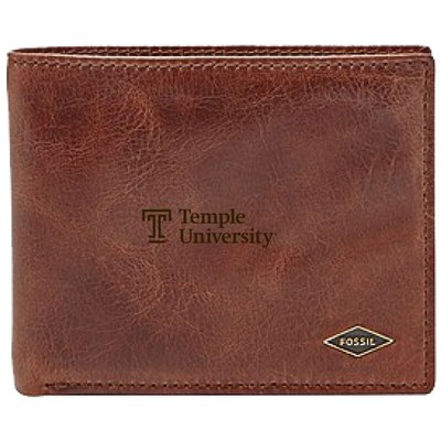 Men's Fossil Brown Temple Owls Leather Ryan RFID Flip ID Bifold Wallet