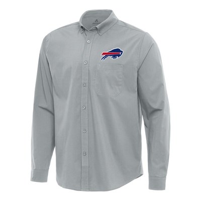 Men's Antigua Gray Buffalo Bills Flight Woven Tri-Blend Long Sleeve Button-Down Shirt