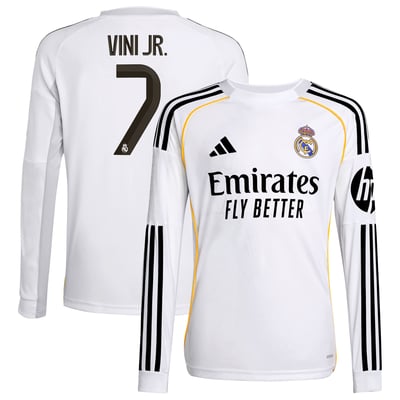 Youth adidas Vini Jr. White Real Madrid 2025/26 Home Replica Long Sleeve Jersey