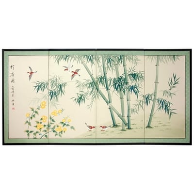 Oriental Furniture 6ft. Long Handpainted Chinese Silk Wall Art Screen - Bamboo and 5 Birds