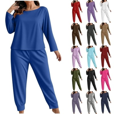 Women's Plus Size Pajama Set Fashionable Solid Color Long Sleeved Pants Casual Home Suit Set Womens Sleepwear Loungewear
